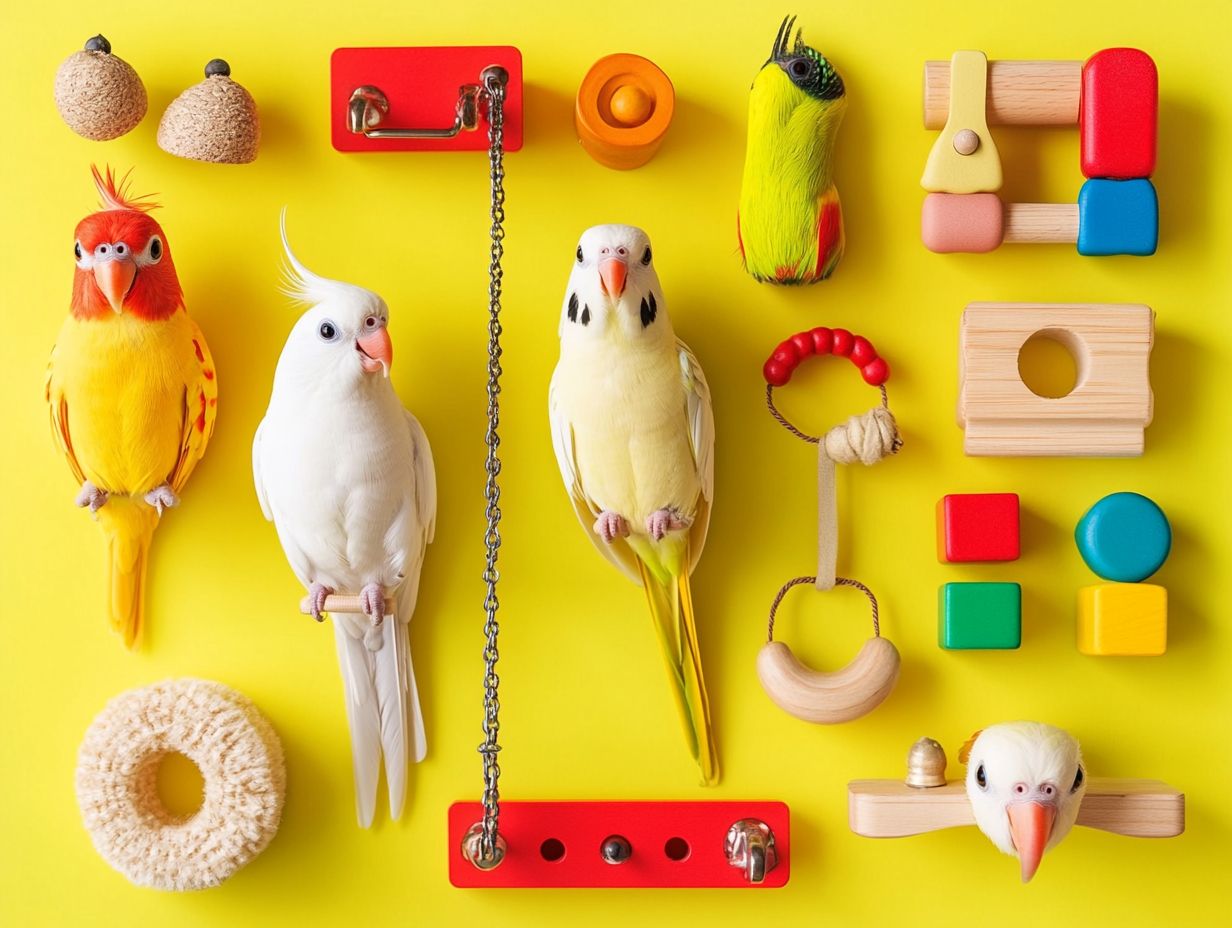 A collage of the top 10 must-have toys for cockatiels.