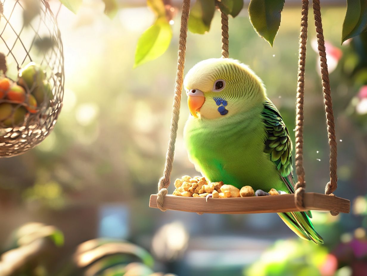 A parakeet showing signs of happiness through vibrant plumage and active behaviors.