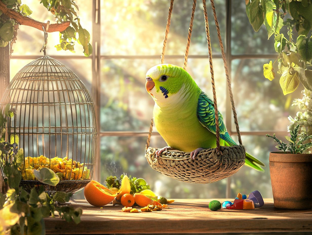 A parakeet displaying happiness through vibrant colors and active behaviors.