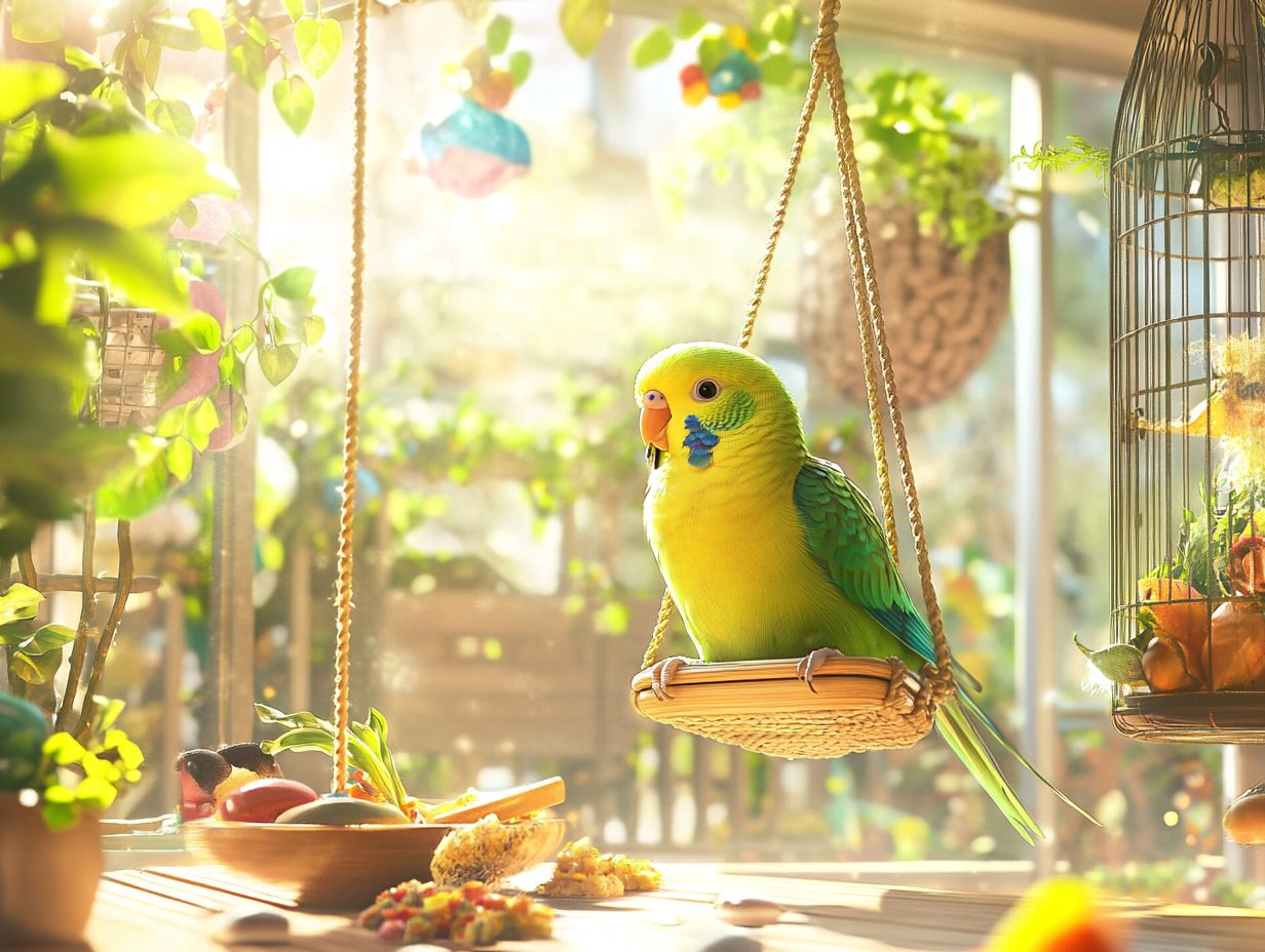 Colorful parakeet playing with stimulating toys