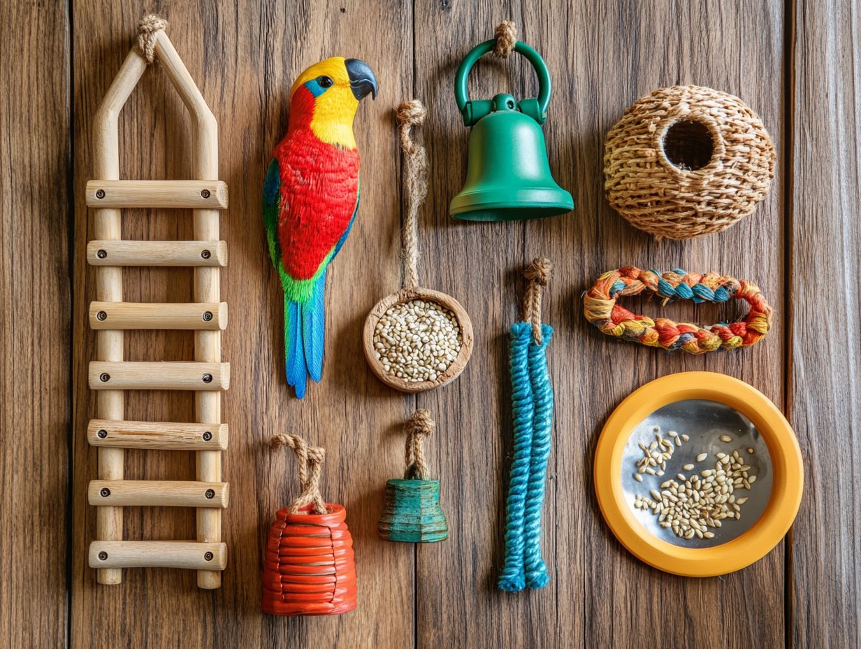 Colorful assortment of bird toys for enhancing mental stimulation.