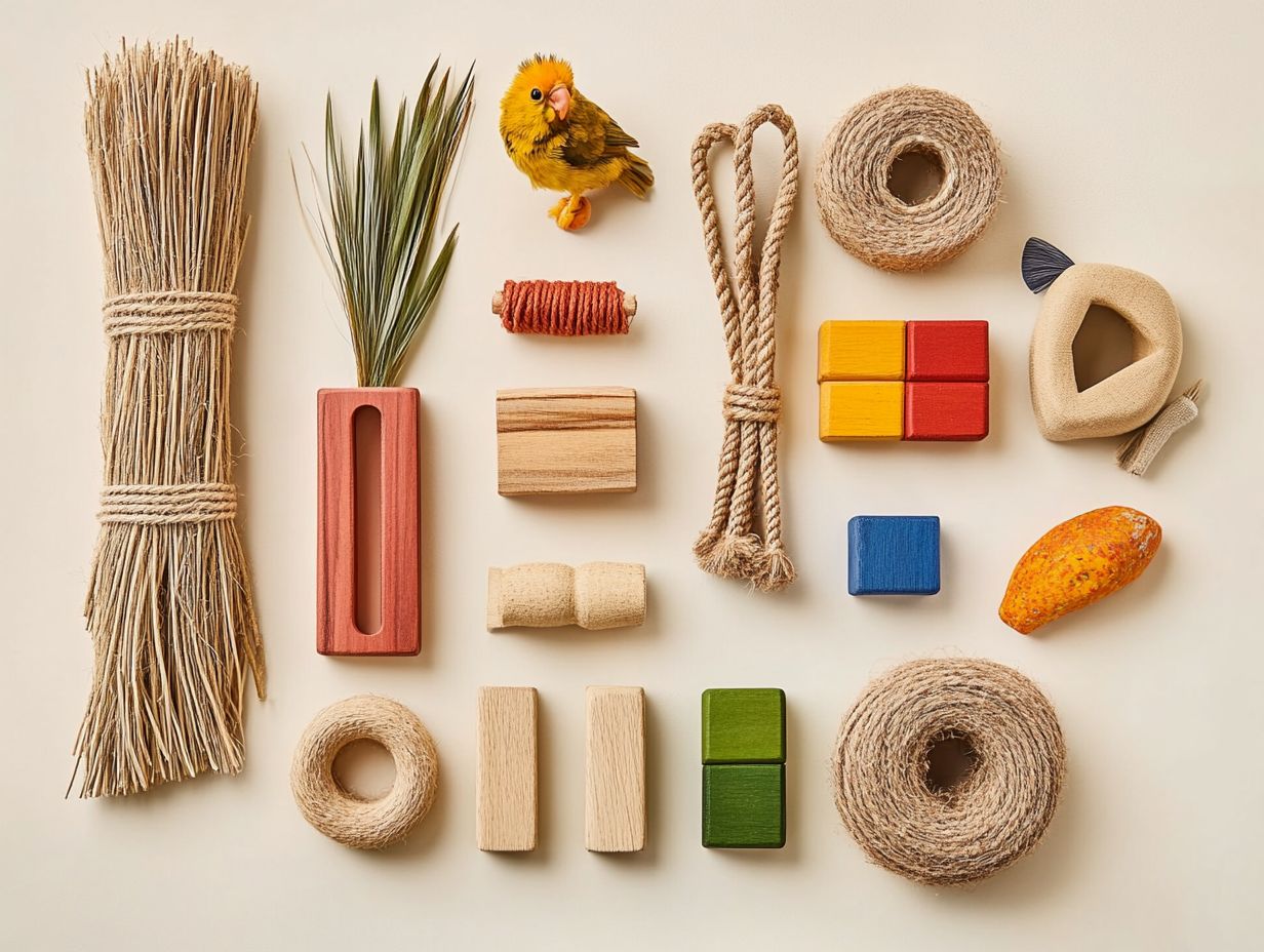 A variety of eco-friendly bird toys with minimal packaging options