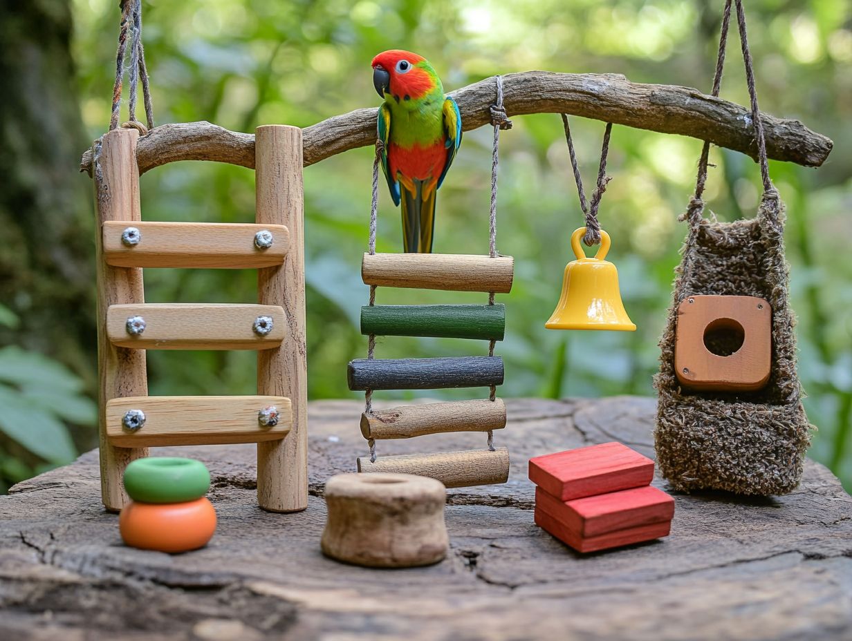 Conures playing with enrichment toys