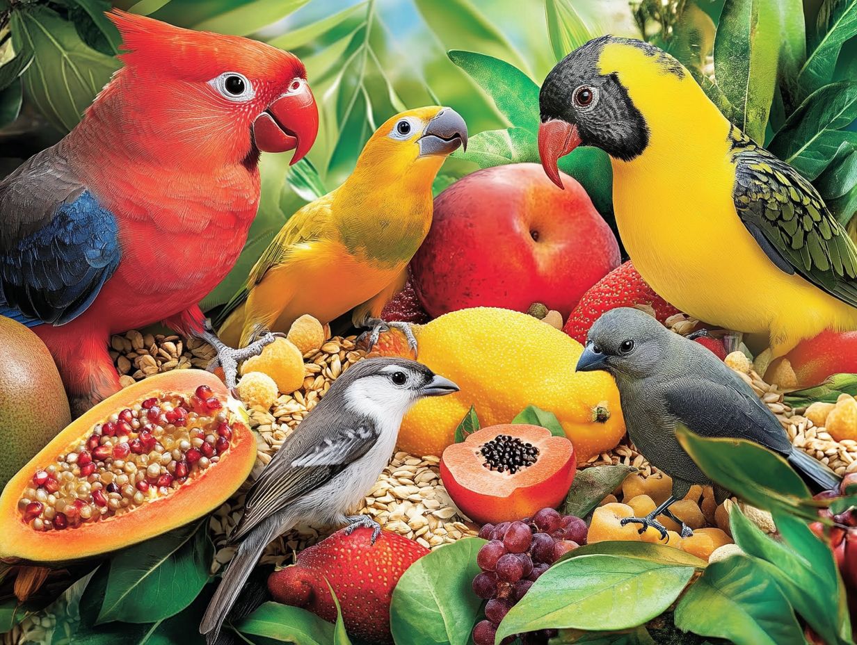 Birds enjoying a variety of foods in a colorful setting.