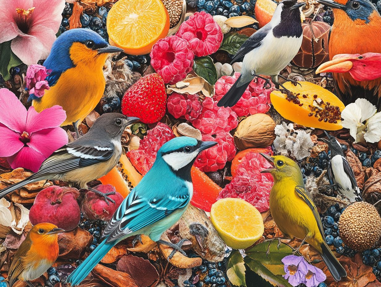 A variety of bird species drinking from a birdbath.