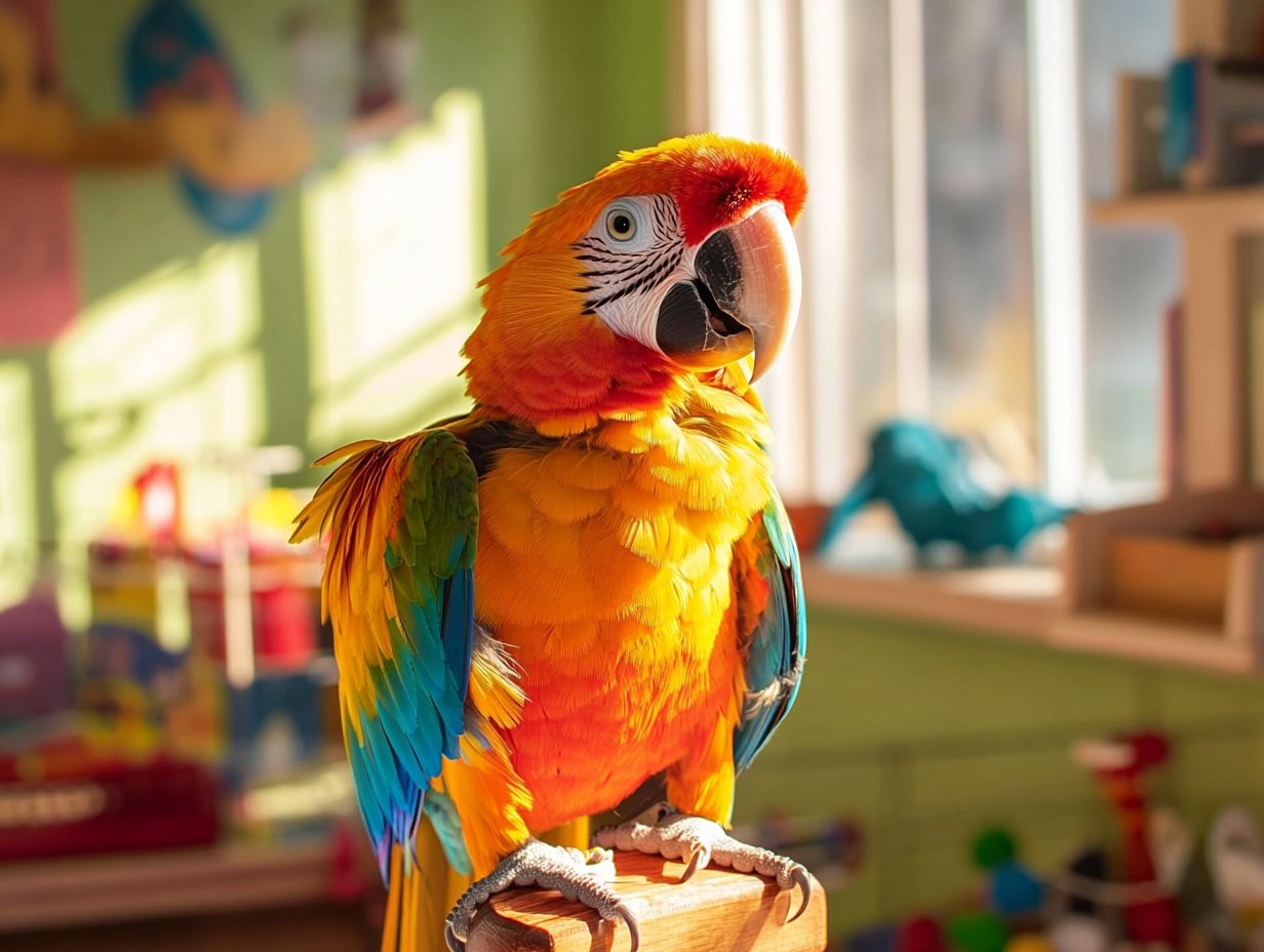 A colorful setup showing various toys and perches for pet birds.