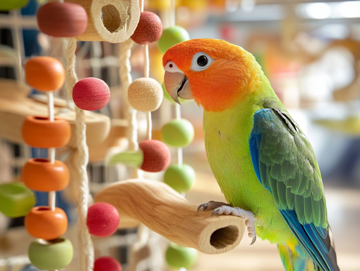 Illustration of the benefits of foraging toys for pet birds.