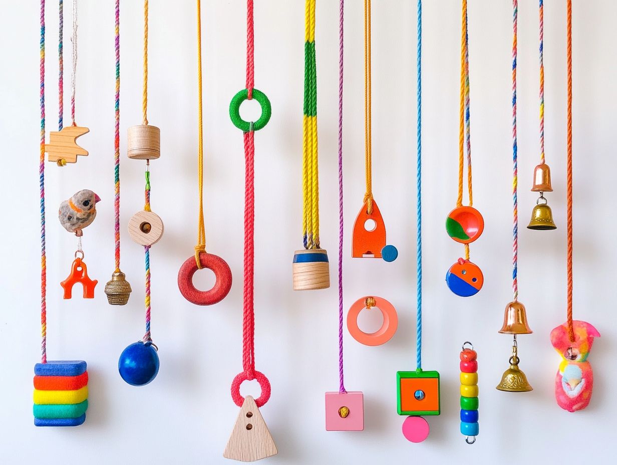 A colorful assortment of feather toys for birds, showcasing different styles and materials.