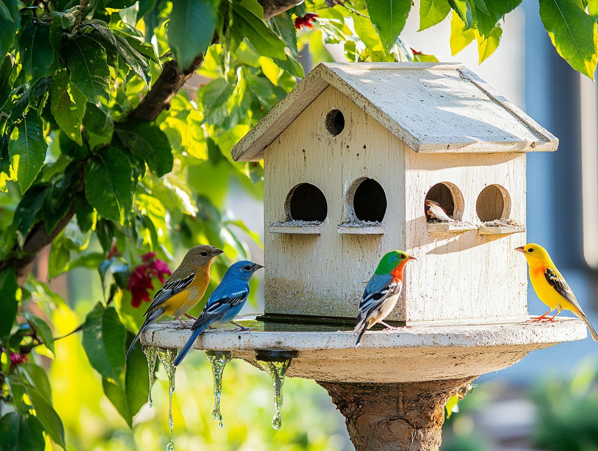 Bird drinking water and eating healthy food during hot weather