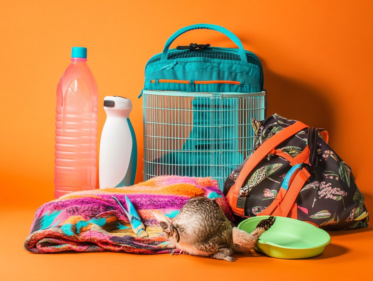 Visual summary of essential travel accessory tips for pet birds.