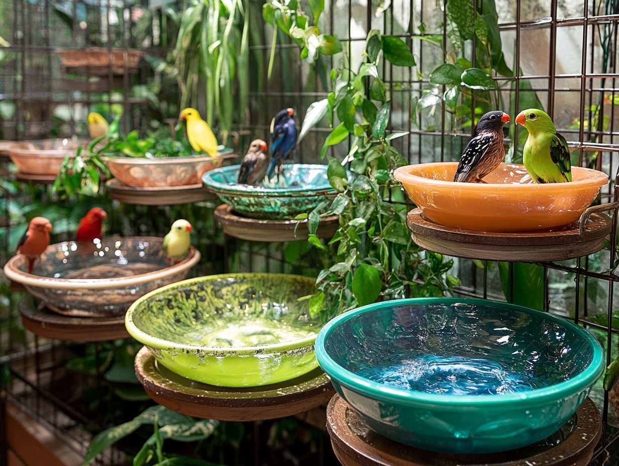 Various popular bird bath options suitable for cages and aviaries.