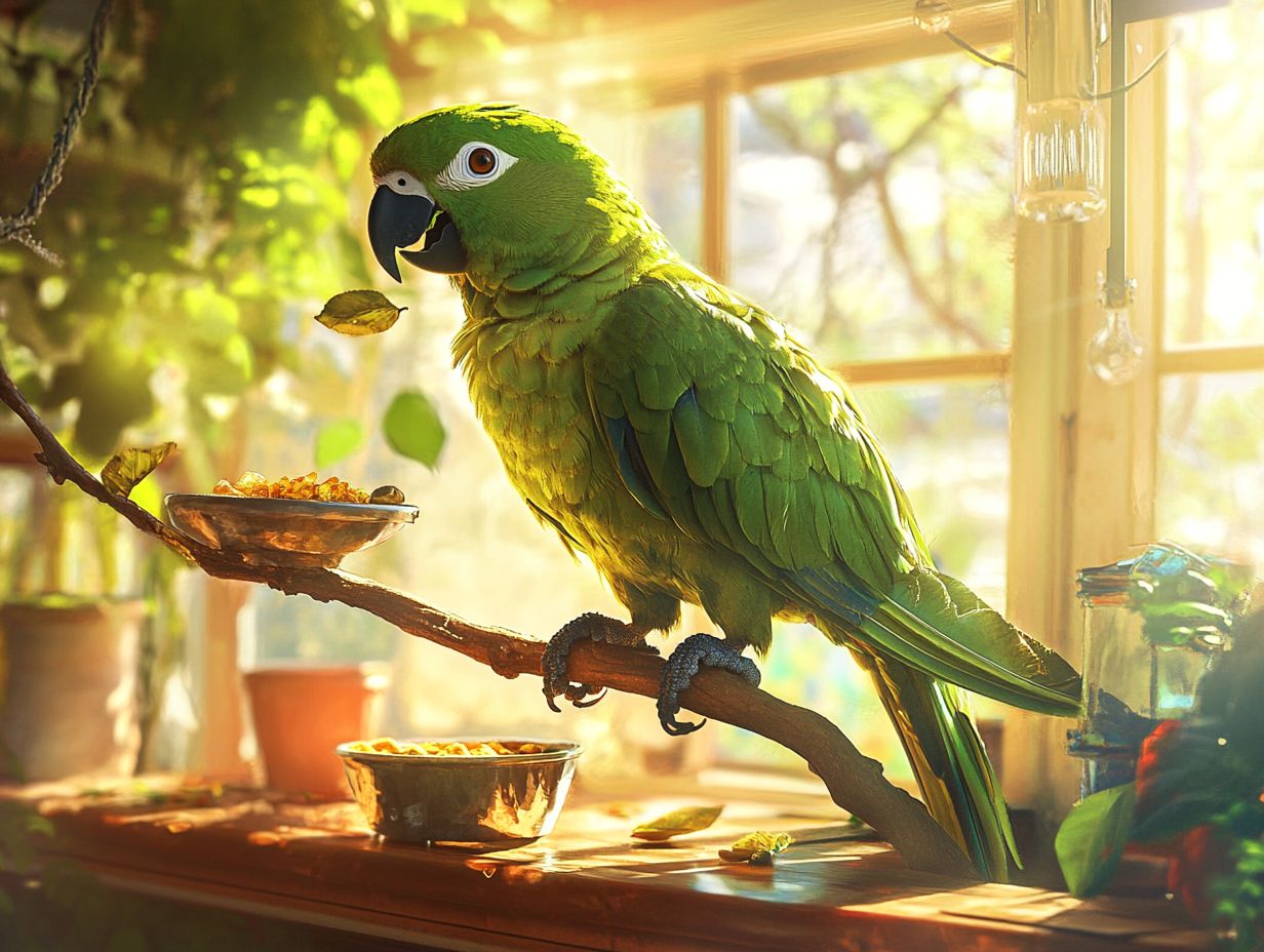 An Amazon parrot being fed a variety of healthy foods