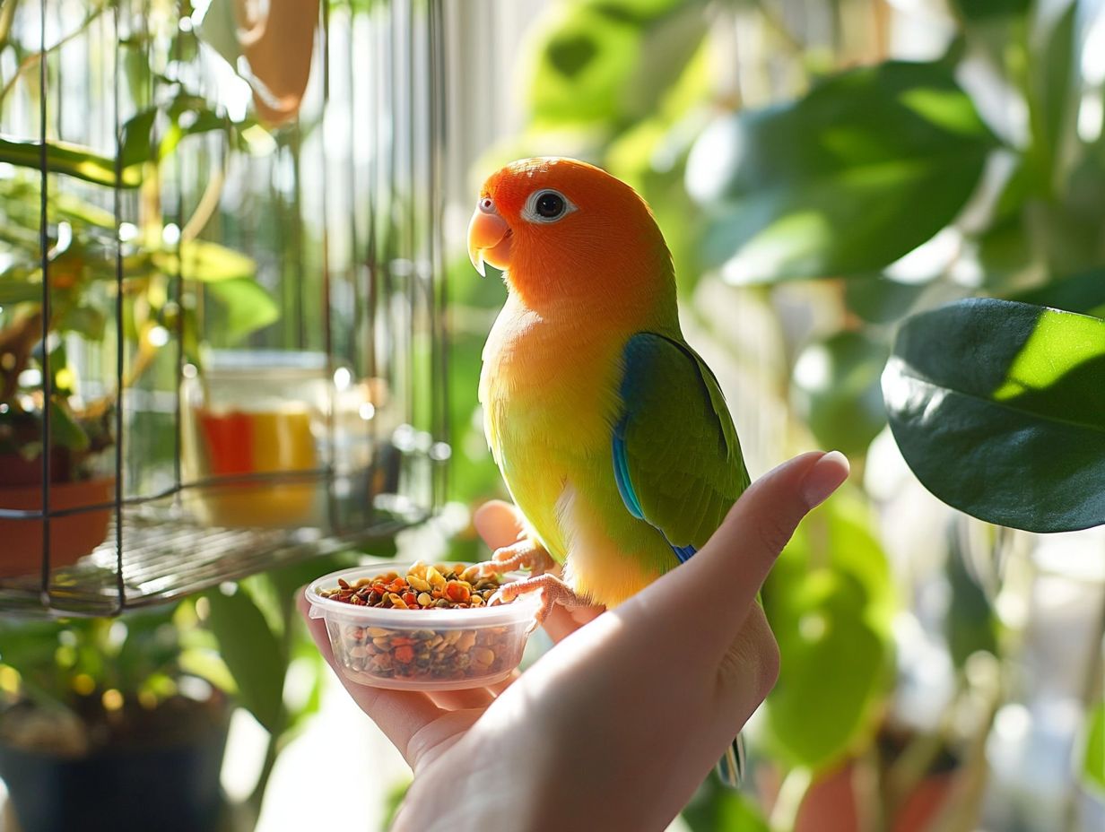 A lovebird being groomed, showcasing its vibrant feathers