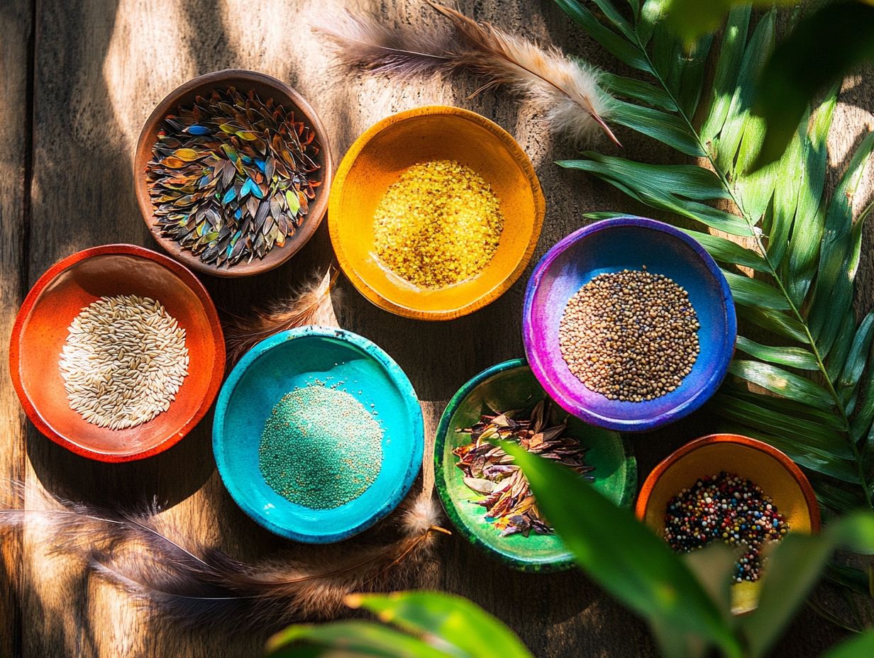 Colorful treat holders for birds filled with seeds and nuts