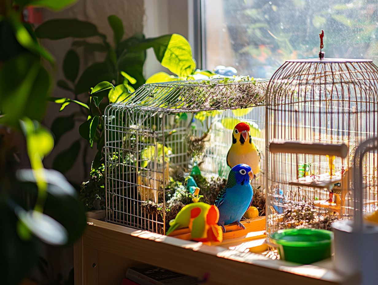 A bright habitat for budgerigars showing ideal temperature, lighting, and humidity conditions.