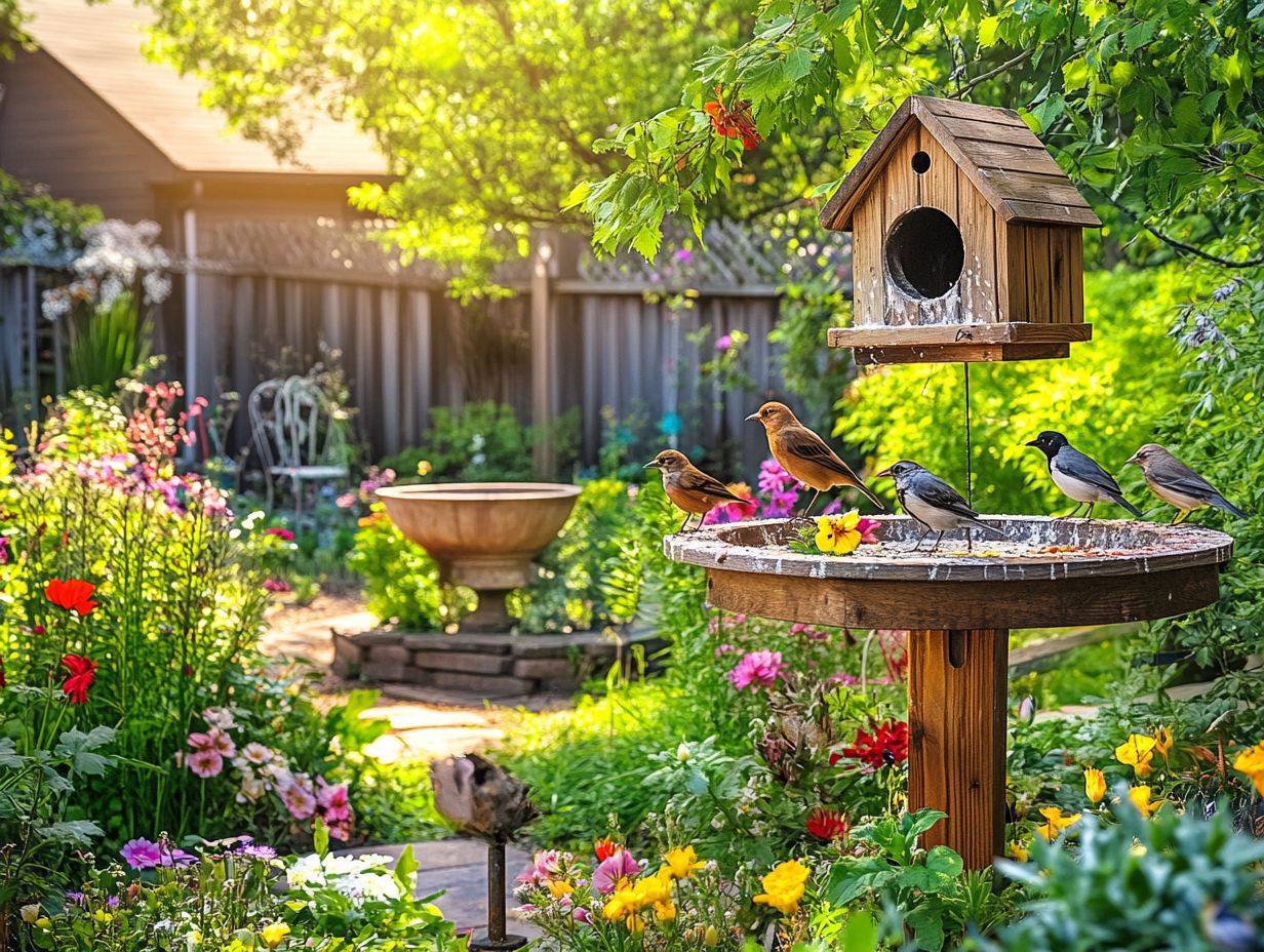 A serene backyard designed for birds, featuring feeders, plants, and birdhouses.