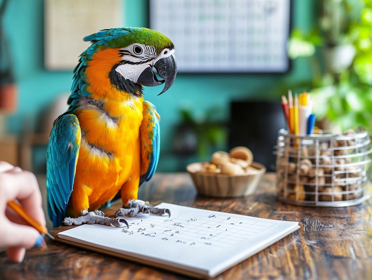 A colorful parrot learning its first trick