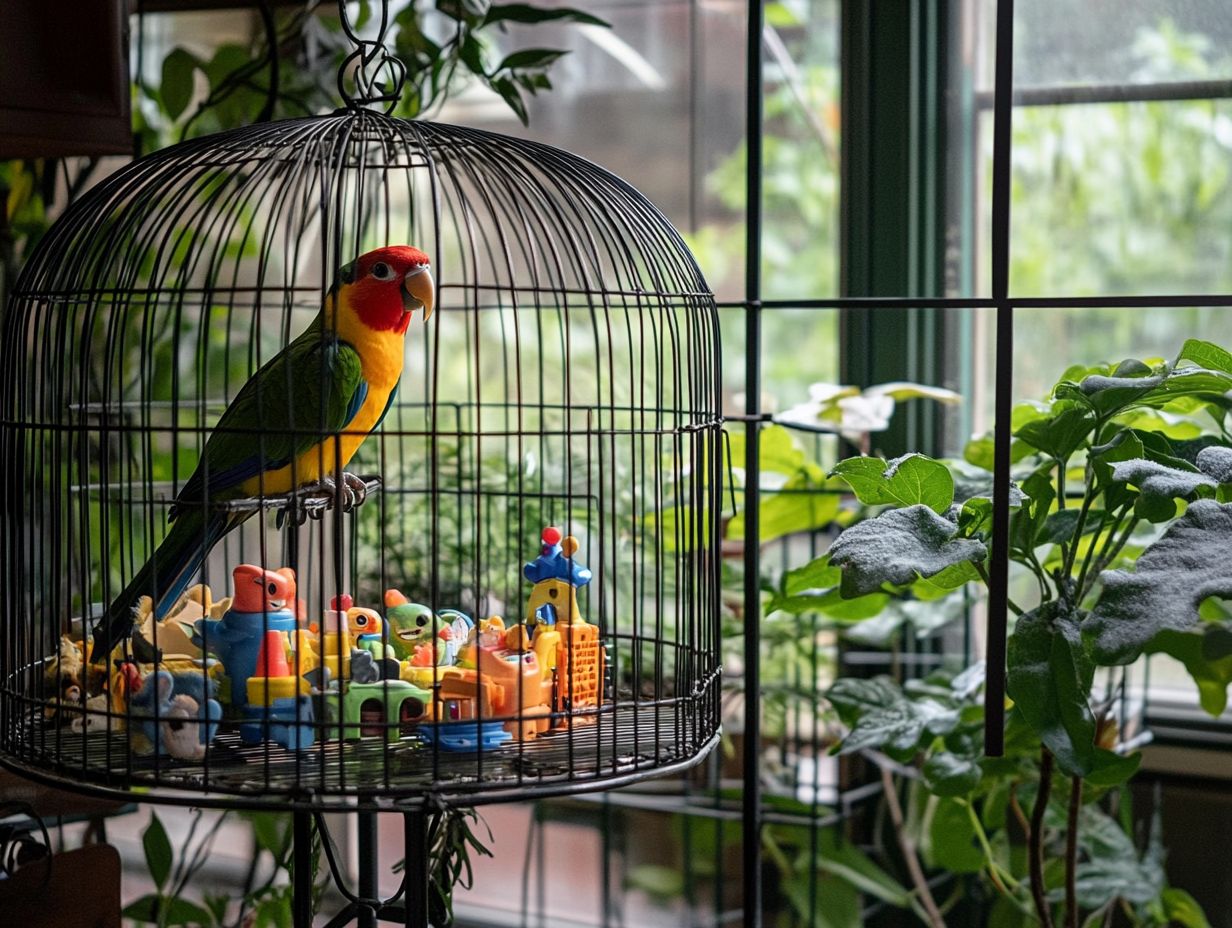 A bird cage with a stand, showcasing convenience and accessibility