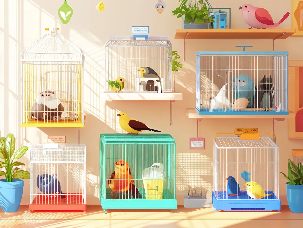 A variety of bird cages designed for different species, including pigeons, doves, and parrots.