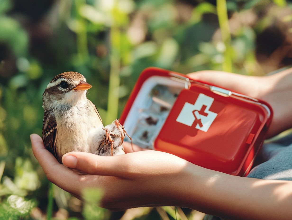 A person gently transporting an injured bird in a soft container.