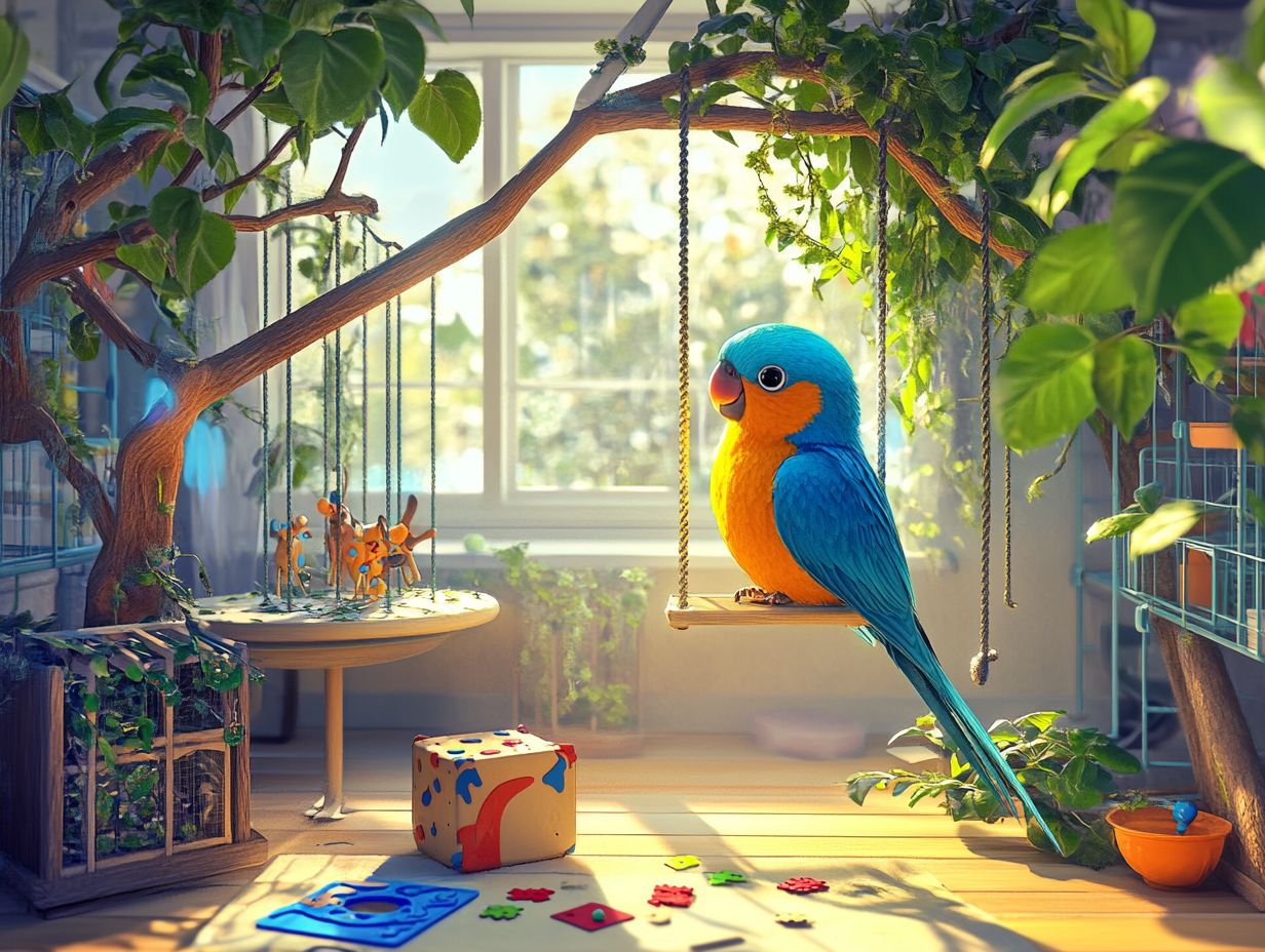 Bird entertained in its cage with toys and puzzles