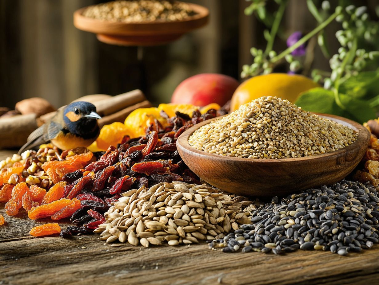 Colorful bird food mixture with sunflower seeds and vegetables