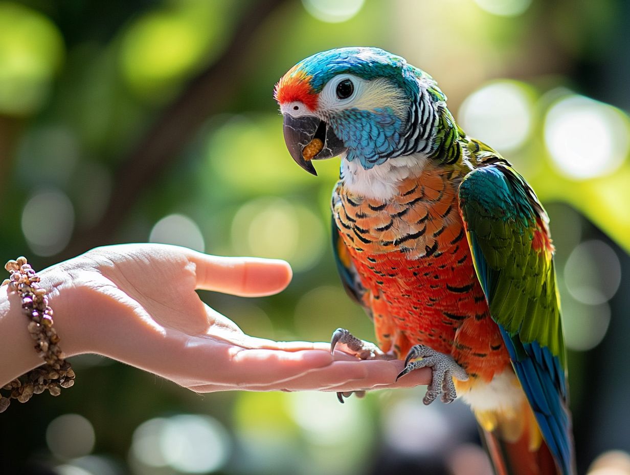 A colorful parrot enjoying training with treats