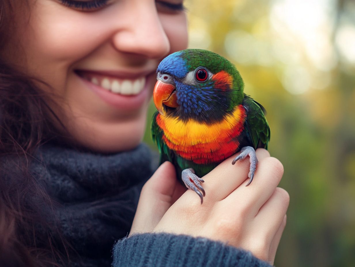 A person interacting positively with a bird