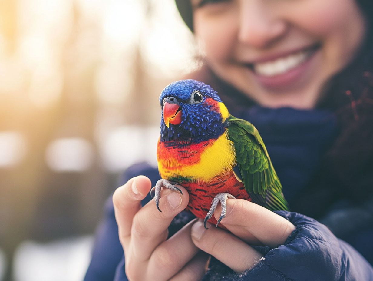 A person gently handling a bird to show trust