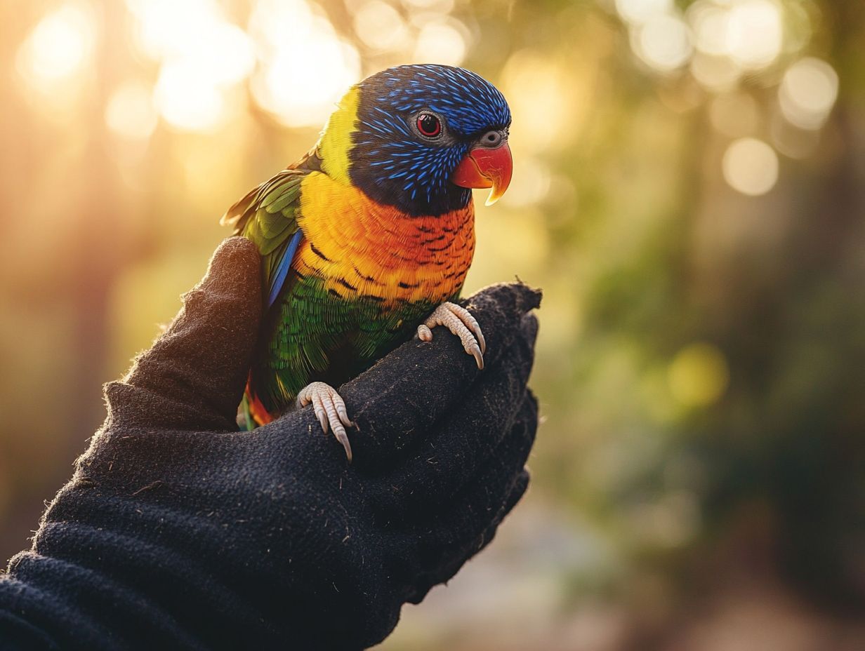 Guidelines for safely handling a wild bird, featuring protective clothing and careful techniques.