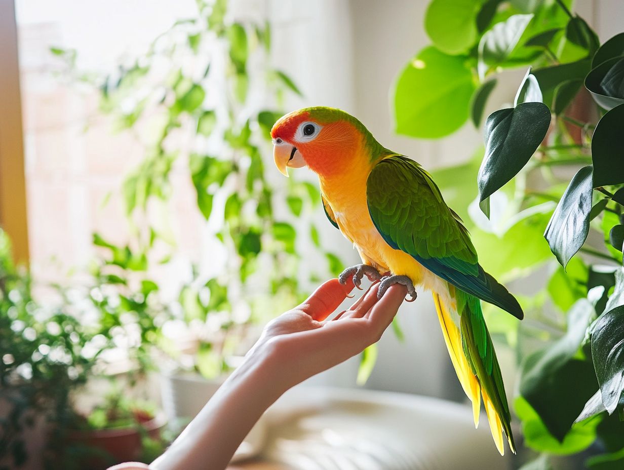 A person teaching a bird to step up