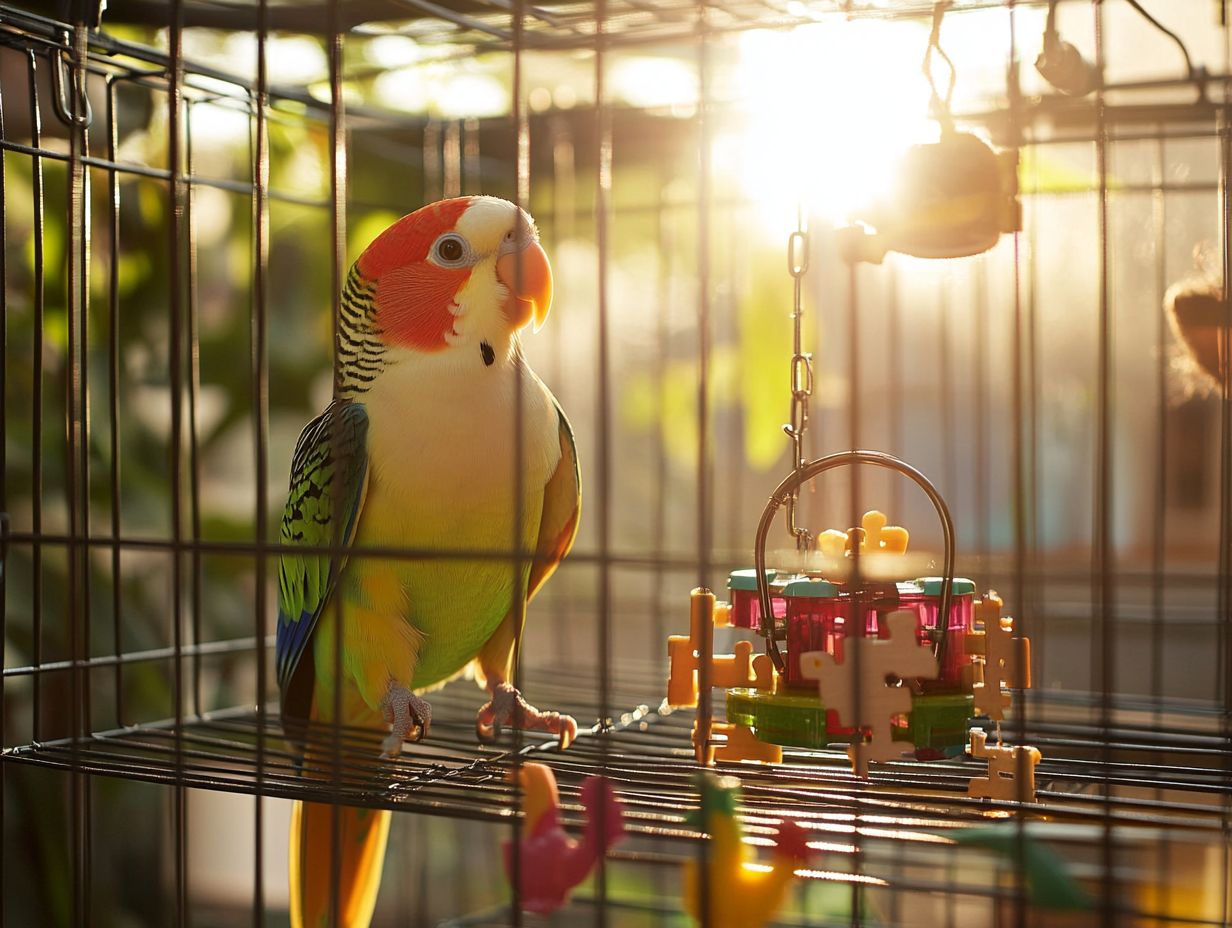 A colorful bird engaged with enrichment activities.