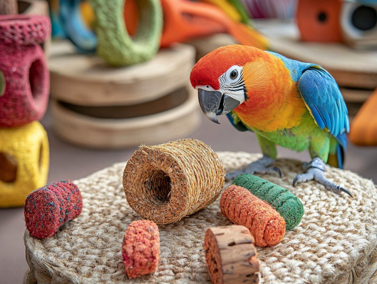 A colorful assortment of chew toys for birds.