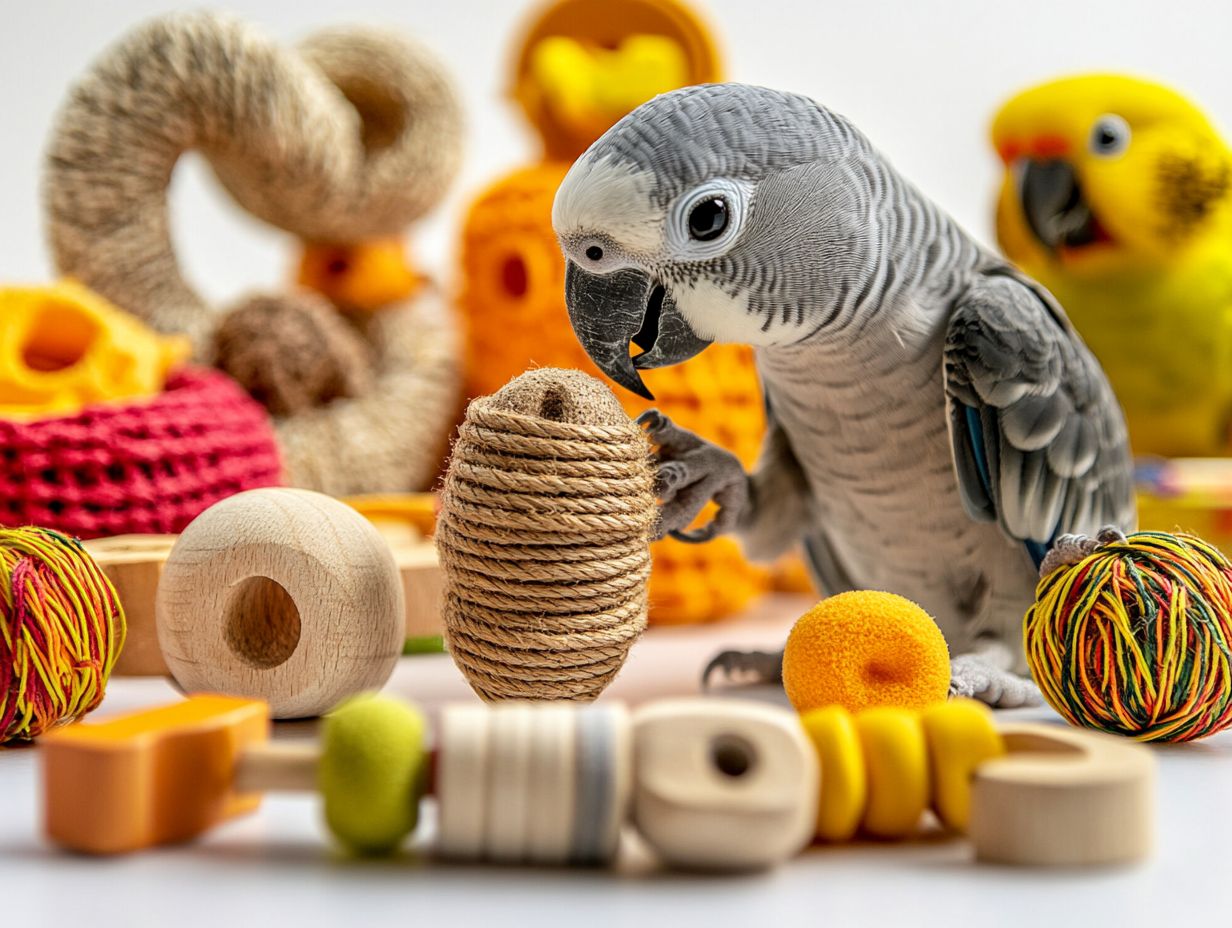 Colorful rope and fabric toys designed for bird play and mental stimulation.