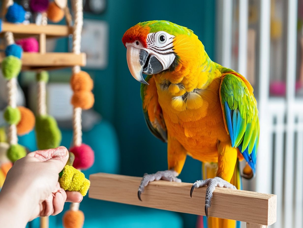 Illustration of a bird being trained with positive reinforcement and a clicker