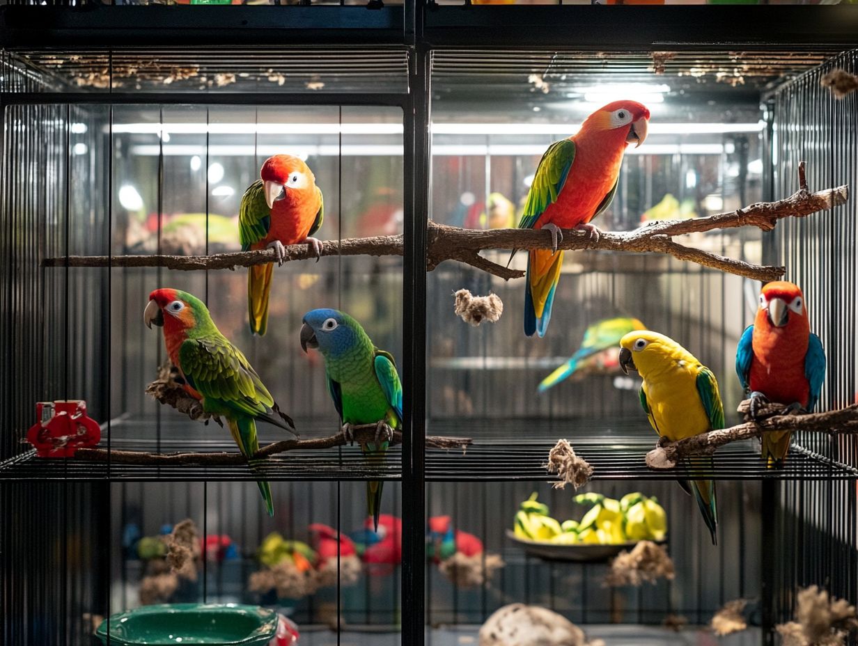 Colorful large parrot cages in various styles.