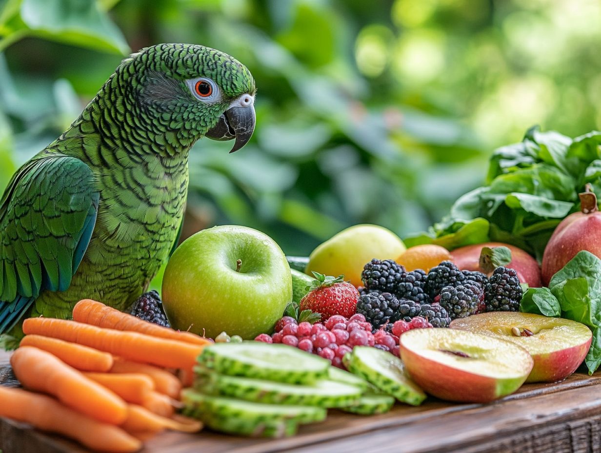 A colorful display of fresh fruits for parrots