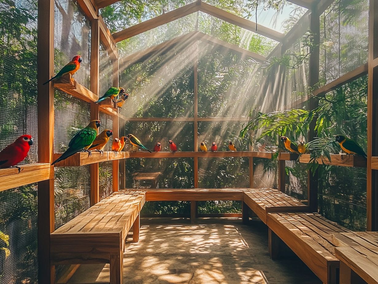 A vibrant aviary showcasing natural habitats for birds