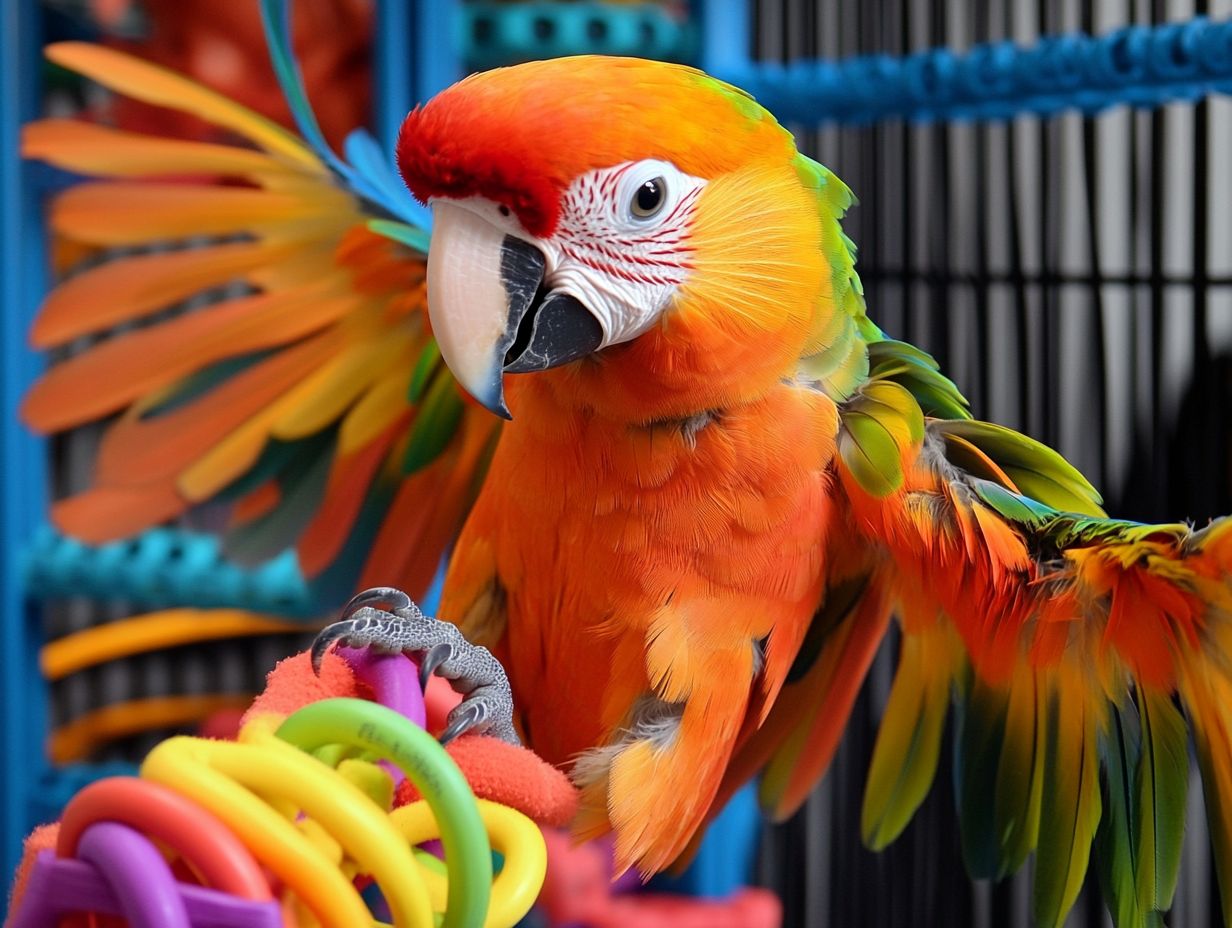 Colorful DIY enrichment toys made from household items for parrots