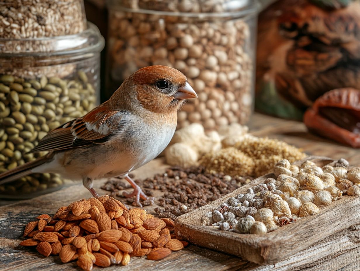 A variety of nutritious foods for birds including seeds, fruits, and nectar.