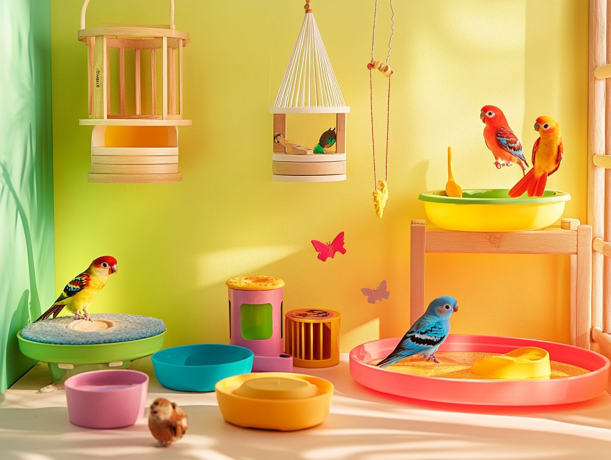 Colorful toys promoting mental stimulation for pet birds.