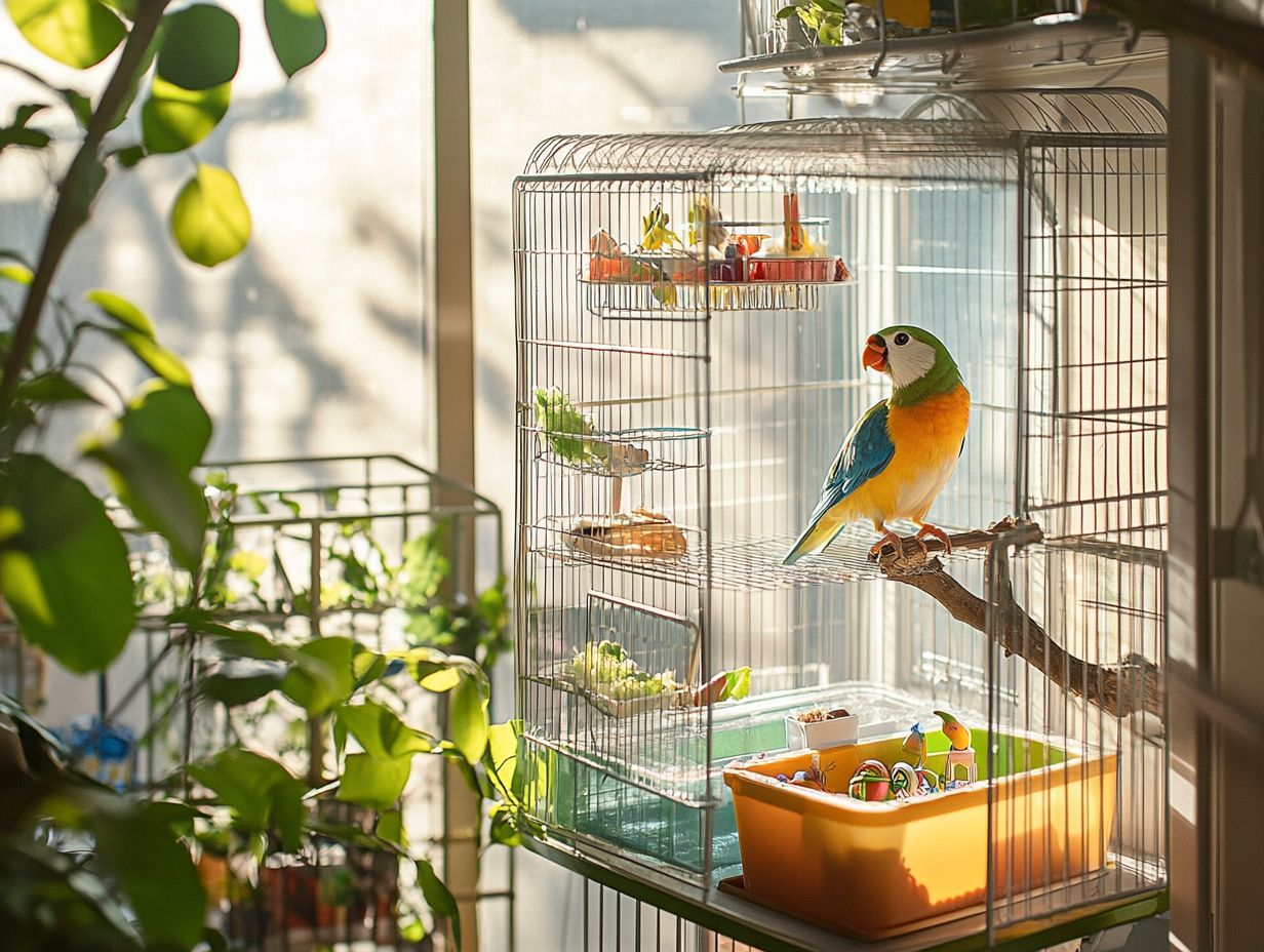 A well-set-up bird cage showing common mistakes to avoid