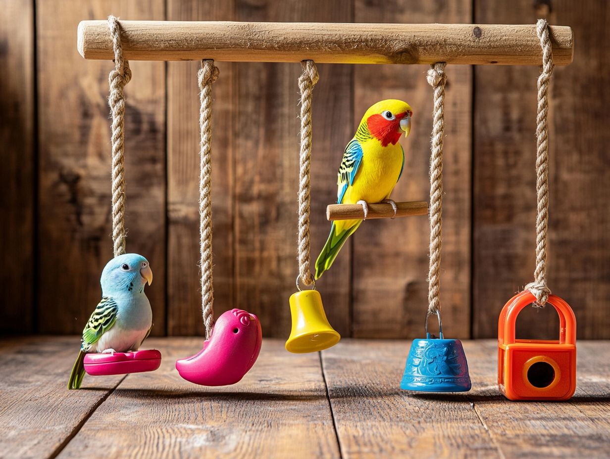 A variety of colorful toys designed for birds, showcasing different types.