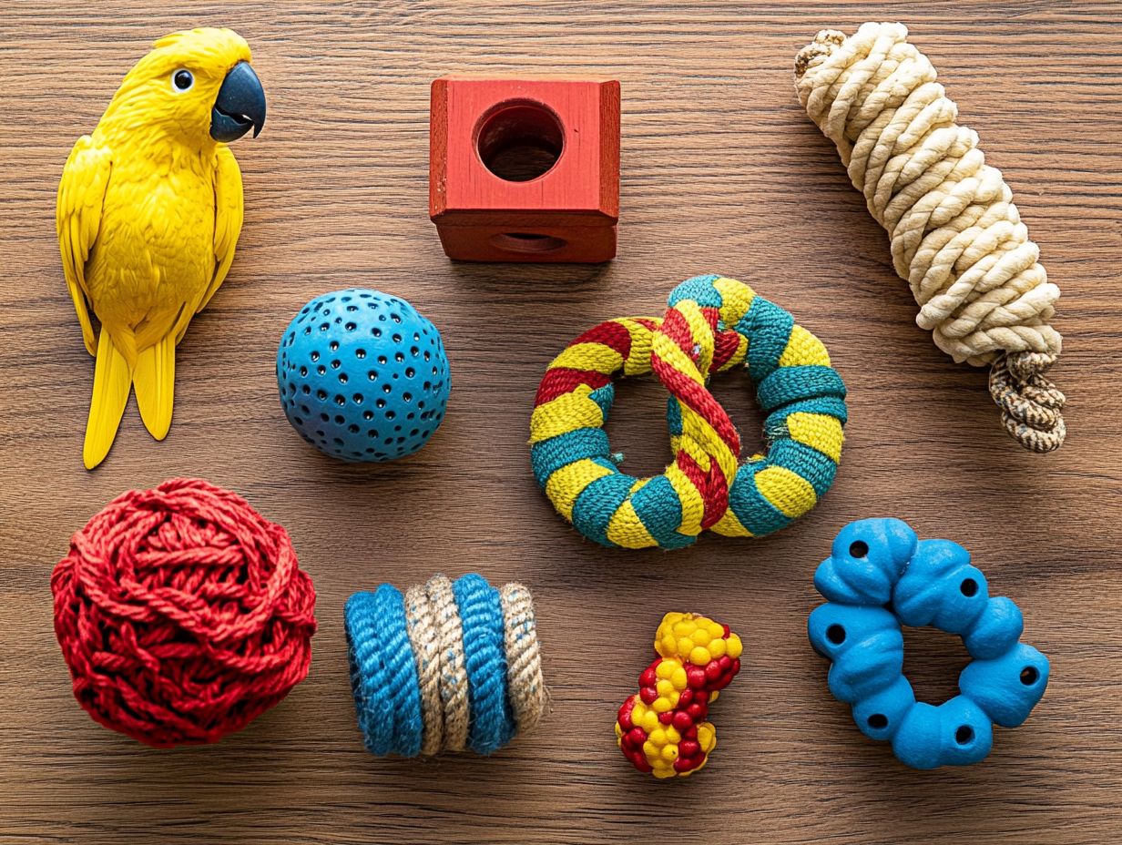 Image of various chewing toys for cockatoos