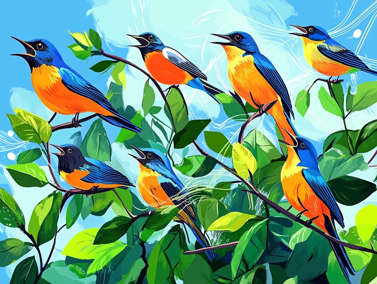 Illustration of various bird songs being sung.