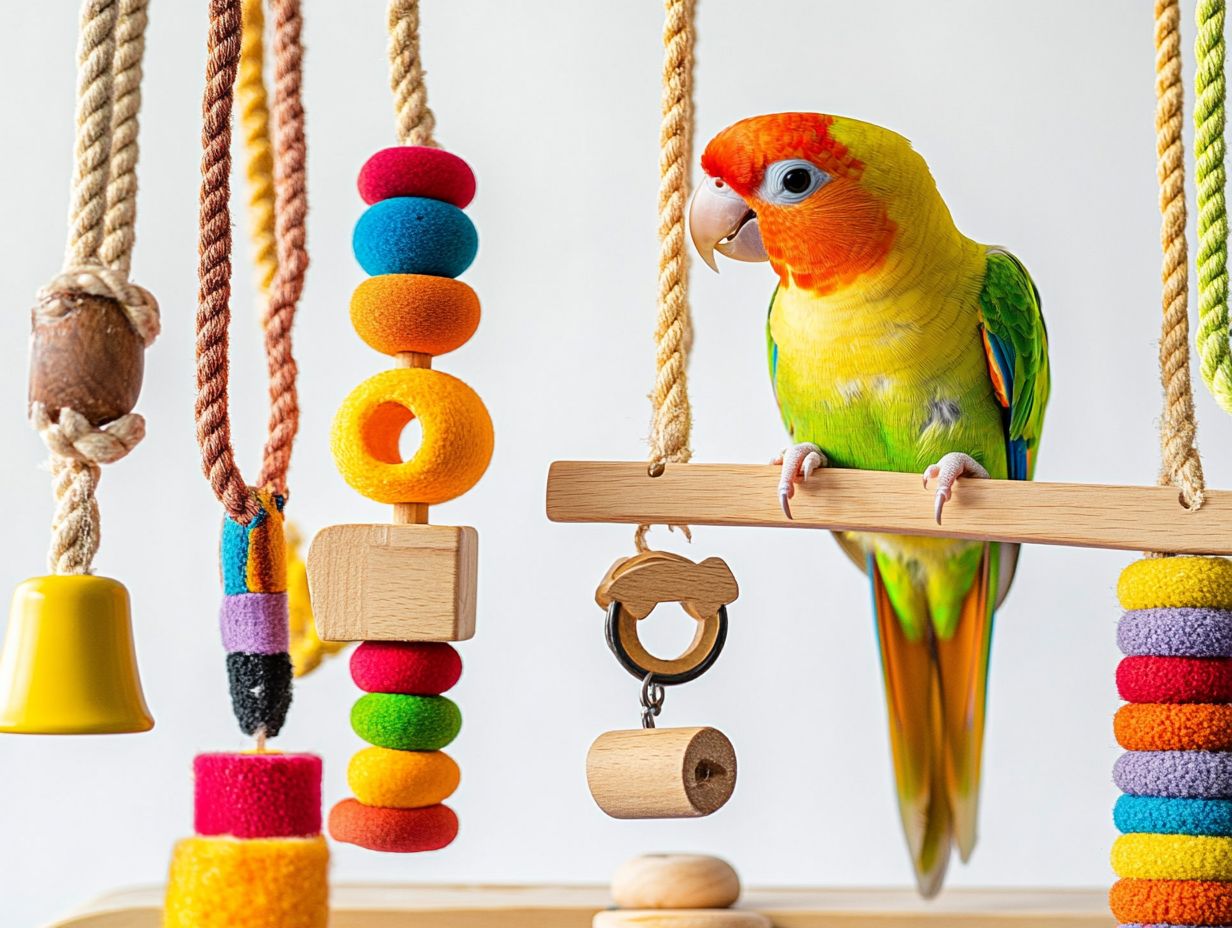 A variety of toys suitable for different bird species