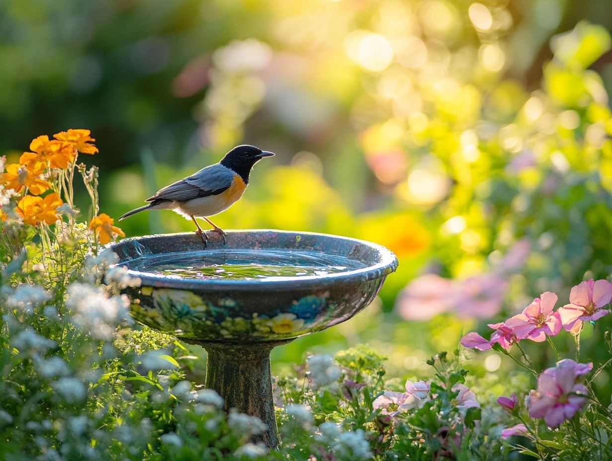 Birds enjoying various water sources in a backyard setting