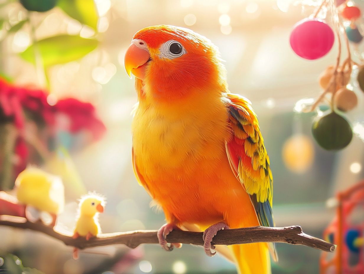 A vibrant setup showcasing a happy bird's environment with toys and perches.