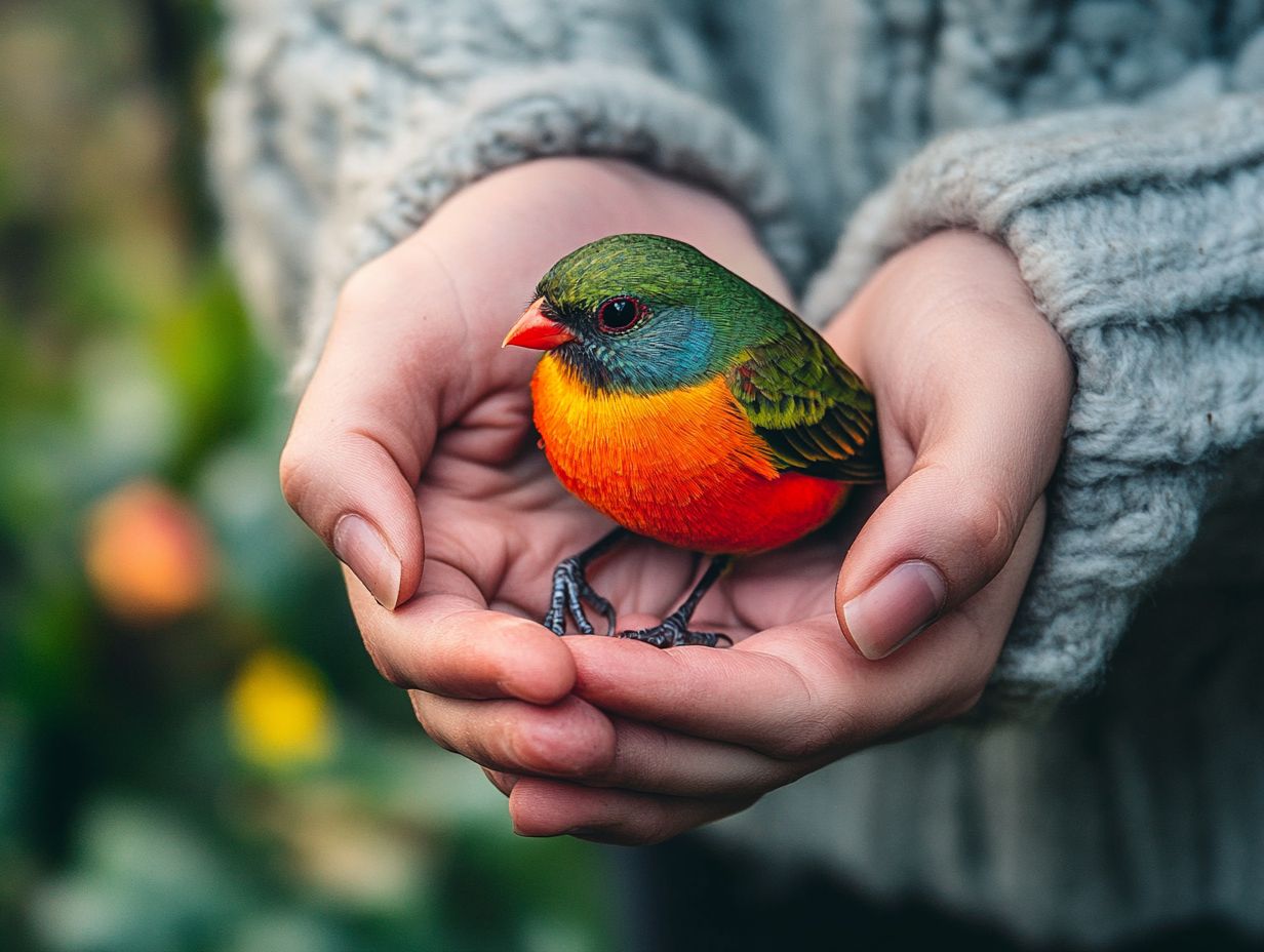 A person gently preparing to handle a pet bird in a calm environment