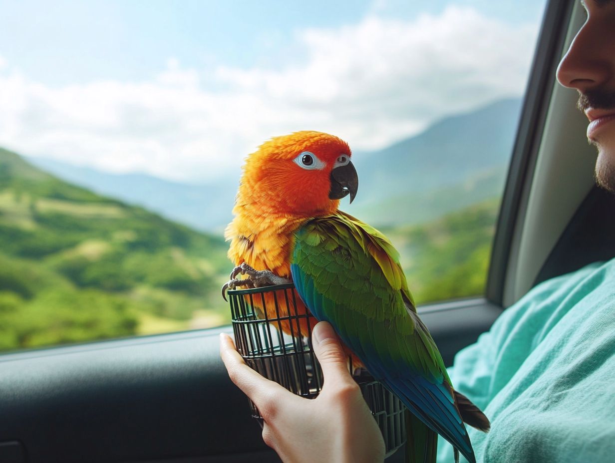 A bird in a carrier on a plane.